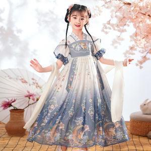 Childrens Hanfu Summer Fairy Dress Vintage Style Snowflake Chiffon Tang Suit Skirt Thin Fabric Girls Clothing Ethnic Wear