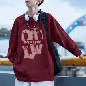 เสื้อยืดแขนยาวผู้ชายผ้าฝ้ายแท้พิมพ์ลายตัวอักษรสไตล์อเมริกัน เสื้อเชิ้ตทรงหลวมสำหรับฤดูใบไม้ผลิและฤดูใบไม้ร่วง