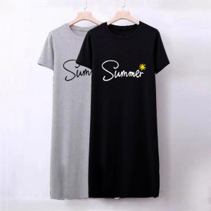 Summer Short Sleeve T-Shirt Dress Womens Midi Length over Knee Casual Long Skirt plus Size Fat MM Anti Aging Body Clothes