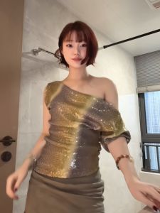 BUWAN STUDIO Double Color Gradient Bead Shoulder T-Shirt Women Summer Trendy Short Sleeve Hot Girl Sweet And Spicy Style