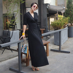 Spring 2024 Womens Long V-Neck Wrap Belted Maxi Dress Korean Style Office Commute Casual Beachwear Cold Tone Open Cardigan
