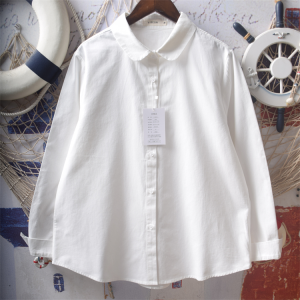 Japanese Style Soft Girl Classic Younger Cute Peter Pan Doll Collar Loose Easiest for Match Pure Cotton Long Sleeve Shirt Top Women
