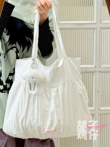 Korean Style Polka Dot Canvas Tote Bag Womens Large Capacity Commuter Single Shoulder Pleated Skirt Belted Cloud Bag