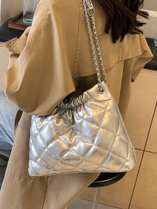 Womens Large Capacity Bucket Bag Fashion Trend Magnetic Buckle Closure PU Leather Shoulder Crossbody Handbag Diamond Chain