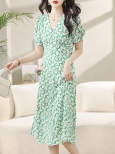 2026 New Summer Fashion French Elegance Puff Sleeve V-Neck Short Sleeve Dress