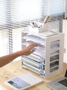 File Organizer Rack Shelf Desk Storage Rack 5 layers for Long bond Document Tray A4 Paper File Hard Copy /Bond Paper Holder 5 layer Sundries Table PVC Wood Desktop Book Magazine Desk Shelf Home Office Stationery Organizer Table Rack