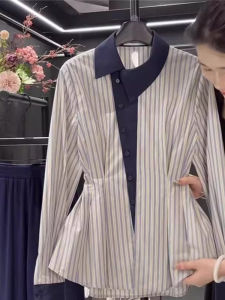 Autumn Street Style Womens Long Sleeve Striped Polo Collar Shirt Slim Fit Casual Fashionable Age-Defying Slimming Top