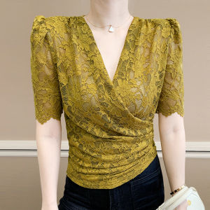 Áo ren tính cách thanh lịch yimei phiên bản nâng cấp chất lượng cao giảm béo và đa năng áo sơ mi ngắn tay tay lỡ cổ chữ V chéo khoét rỗng