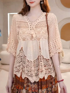 SHUAIYUE | Áo Blouse Knit MESH Lỗ Hơi Dễ Thương Phong Cách Rộng Rãi Và Giúp Gọn Người