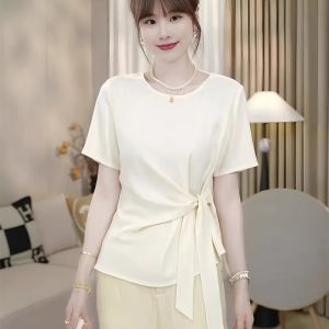 Elegant Asymmetrical round Neck Short Sleeve T-Shirt Womens 2025 New Summer High-End Waist-Cinching Belted Top Women