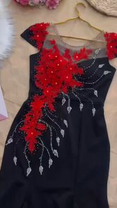 MyDu Shop | MS 2577 – Đầm Trung Niên Thun Umi Kết Hoa Đỏ – Kết Xoàn Lai Loe