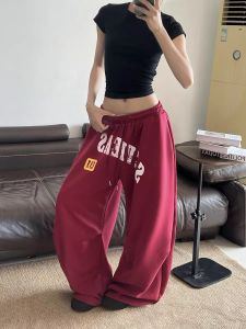 Retro American Street Dance Letter Print Casual Sweatpants Loose Drapey Floor-Length Wide Leg Lazy Long Trousers for Men And Women