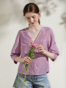 Miccbeirn | Miccbeirn Summer Silk Cotton Embroidered French V-neck Mid-sleeve Elegant Sweet Small Size Womens Top Simple Commute Style