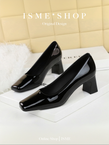 Comfortable Black Patent Leather Slip-On Red Heels Womens Shoes Professional mid Heel Chunky Square Head New Spring 2025