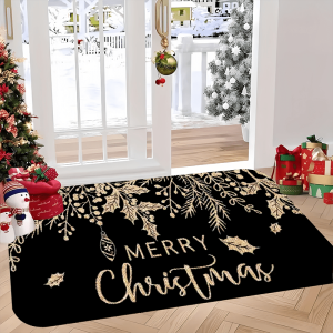 VIKAMA Black Holly Mistletoe Merry Christmas Doormat Xmas Winter Home Decor Low-Profile Switch Rug Floor Mat for Indoor Outdoor
