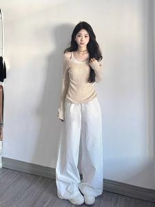 HUOLISI | Apricot Color Fake Two Pieces Off-Shoulder U-Neck Knit Sweater