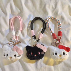 Cute Cartoon Pink Butterfly Knot White KT Cat Phone Case DIY Creative Short Nylon Lanyard Bag Suitable Portable Wristband Handbag