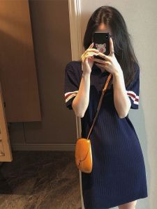 Spring Summer 2025 Womens Polo Collar Loose Slimming Knitted French Style Dress Straight Cut Midi Skirt Elegant Casual Gown
