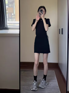 Black Hollow out Design T-Shirt Dress Womens Slim Fit Short Sleeve Padded Shoulder Summer New Style Dress Casual Fashion