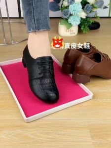 Deep Mouth Single Shoes Womens 2024 New Spring Autumn Genuine Leather Embossed Lace up Little Leather Low Heel Comfortable round Head Thick Heel Womens Shoes