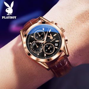 PlayBoy Waterproof Original Authentic New Mens Fashion Waterproof Multi Function Quartz Dial Leather Strap Leisure Watch