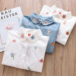 Pure Cotton Girl Long Sleeves Shirt Kids Peter Pan Collar White Shirt Childrens Embroider Western Style Thin Coat Tops