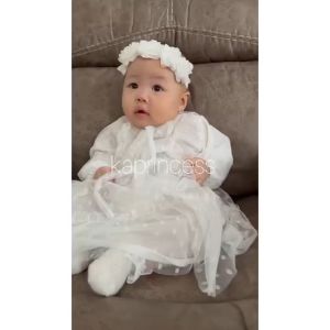 Baju Muslim Bayi Perempuan 6-12 Bulan: Dress Warna Putih Polkadot & Model Vintage Korean Style