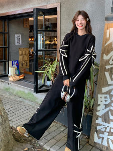 Black Bow Tie Casual Sportswear Set for Women Autumn New Style College Style Youthful Wide Leg Pants Sweatshirt Two Piece Set