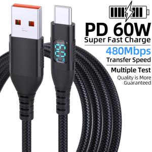 LAIHONEN 60W 9V2A 6FT USB-A to C Cable LED Display Nylon Braided Charge For IPhone15 Pro Samsung S23 iPad Pro MacBook22 Google