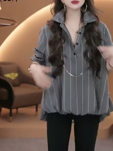 Loose Casual Striped Shirt Womens Long Sleeve Korean Style plus Size Cover Belly Top Autumn New Fashion Small Size T-shirt