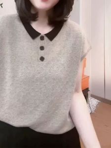 High-End Jacquard Lapel Womens Short Sleeve T-shirt Knitwear 2024 Summer New Arrival Loose Western Style Anti-Aging Top Women