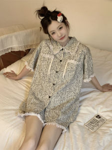 Elegant Retro Short Sleeve Sleepwear Set Women Summer 2025 New Stripe Tassel Casual Home Clothes Two-Piece Polyester Thin