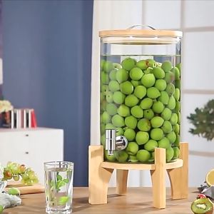 Elegant 2.6L Borosilicate Glass Drink Dispenser with Gold-Plated Faucet and Wood Stand