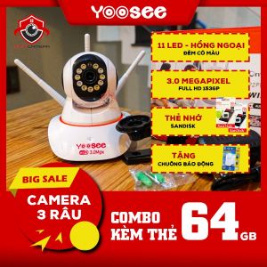 Camera Yoosee 3 râu 3.0Mpx 11LED combo kèm thẻ nhớ 64GB - BAN ĐÊM CÓ MÀU (BH 1 năm)
