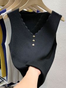 Ice Silk Knitted Strap Vest Women Summer Outerwear Suit Inner Match Sleeveless V-neck Slimming Top Trendy Commuting Style