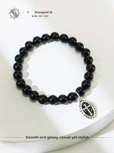 SHISHANGMEIDI | Stylish 925 Silver Cross Medallion Black Agate Bracelet