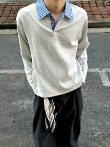 Áo Thun Nam Tay Dài Kẻ Caro Trắng Xám Mùa Thu Thường Ngày Dáng Rộng Thoải Mái Thường Ngày Quần Áo Công Sở Phong Cách Mỹ