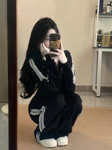 Korean Style Casual Loose Womens Sportswear Set Spring Autumn Hooded Open Cardigan Sweatshirt Sweatpants Fashionable Two-Piece Set