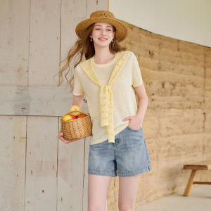 XIANGYING | Striped Short Sleeve Knitwear Lace Collar False Two Pieces Thin Top