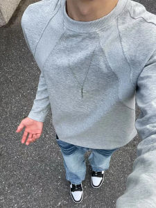 เสื้อสเวตเตอร์คอกลมแขนยาวทรงหลวมสำหรับผู้ชาย Cleanfit Heavyweight Boxy Grey American Rib Patchwork เสื้อเชิ้ตชั้นใน