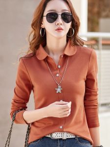 Pure Cotton Long Sleeves T-Shirt Womens Early Autumn Loose Western Style Lapel Fashionable Shoulder T-shirt Top Polo Collar Bottoming Shirt