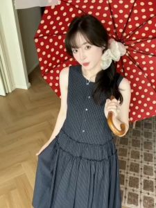 VKSOD | Elegant Plaid Sleeveless A-Line Long Dress Womens Summer Design Sensation Lace Trim Slimming Dress Korean Style Commute