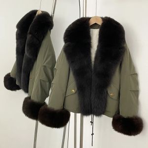 Áo Khoác Phao Dày Nữ Có Cổ Lông Cáo Thật Áo Khoác Lông Vũ Trắng Ấm Áp Chống Thấm Nước Phong Cách Safari Khóa Kéo Mùa Thu Đông