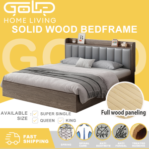 GOLD Solid Wood Bed Frame Premium Version Queen/King Solid Wood Bed Frame With Drawer Single Katil Kayu Bedroom Dormitory Wooden Bed Frame實木床