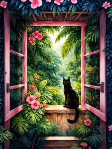Huacan Full Square Round Diamond Painting Black Cat By Rainforest Window Diamond Mosaic Landscape New Collection 2026 Gift
