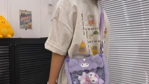 Cartoon Plush Kuromi Cinnamoroll Melody Hello Kitty Sling Crossbody Bag PVC Transparent Bag Student Kids Girl F-ree Key Chain