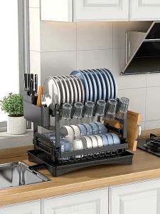 HOMEKING | Kitchen Dish Drainer Rack 2 Tier Dish Drying Rack Rak Pinggan Kitchen Storage Rack with Tray Rak Pinggan Stainless Steel Dish Rack Rak Dapur Kitchen Dish Drainer Storage Rack with Accessories