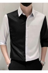 Áo sơ mi Áo sơ mi nam phối 2 màu nổi bật với chất liệu Lụa Phi bóng co giãn nhẹ mềm và nhẹ không phai màu dáng ôm body mã N40.