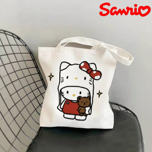 Sanrio | 1pc Kawaii Hello Kitty with Teddy Bear Print Canvas Tote Bag Large Capacity Daily Shopping & School Shoulder Bag