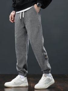ROMON | Romon Mens Fleece Lined Corduroy Sports Casual Long Trousers Autumn Winter Loose Fit Cuffed Pants Youthful Vitality Style